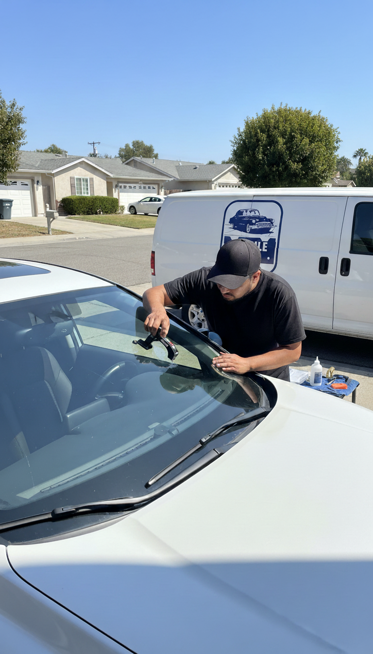 Mobile San Fernando Car Glass technician performing windshield repair and auto glass replacement in Mission Hills, CA